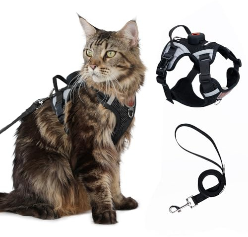 Cat Harness and Leash Set With AirTag Holder, Upgraded Escape Proof Adjustable Kitten Vest with Lead for Small Cat Outdoor Walking, Soft Breathable Mesh Jacket with Reflective Strips M, Black