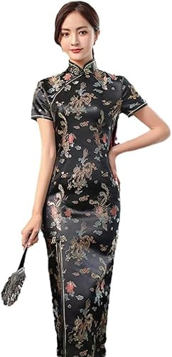 Kvinnors Kinesisk Klänning - Sommar Elegant Brokad Satin Lång Gaffel Cheongsam Kinesisk Klassisk Dam Qipao Kortärmad Sexig Bröllop Kväll Fest Klänning, Black, S