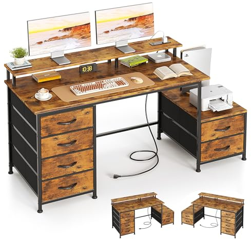 Flrrtenv 128cm Desk with Fabric File Cabinet, Computer Desk with Shelves and Drawers, Writing Table with Monitor Stand, Study Table Workstation for Home Office, Rustic Brown