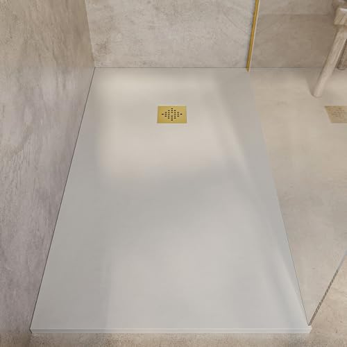 SOULBATH Plato de Ducha - Resina - Gel Coat - Textura Liso/Piedra - Antideslizante - Color Crema Intenso - 100X70- Extraplano 3cm. Incluye Válvula de desagüe - REJILLA GOLD