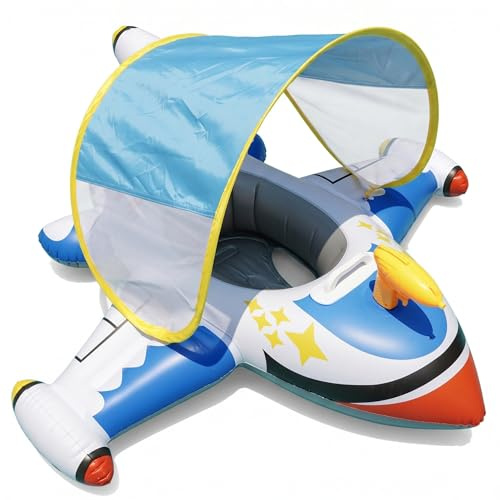 Grsrkep Flotteur de Natation pour bébé avec auvent, Flotteur de Piscine en PVC épais pour bébé, siège Gonflable d'avion avec Pistolet à Eau pour Enfants 1 à 6 Ans, Bleu