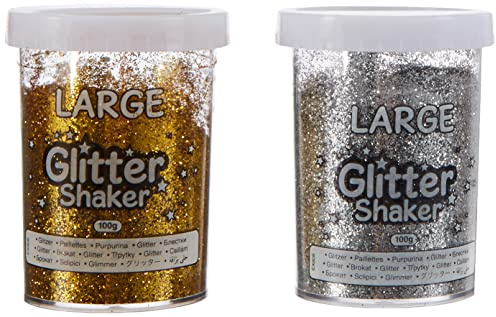 Baker Ross Portabrillantini Oro e Argento taglia Grande, per Creazioni Fai Da Te (set da 2, 100 g per contenitore)