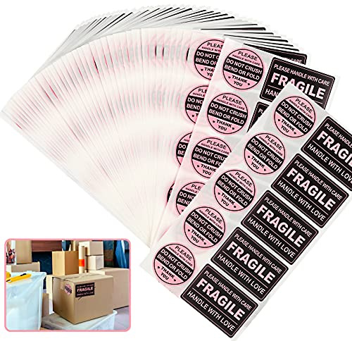 300 PCS Fragile Stickers(Rectangular,3x2),with 300 PCS Do Not Crush Bend or Fold Labels Stickers(Round,2),Adhesive Warning Labels for Shipping Cartons Envelops Mailing(Black Pink)