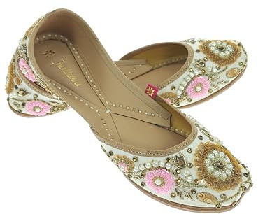 Fulkari Women's Bergenia Beige Gold Genuine Soft Leather Embroidered Jutis | Bite and Pinch Free Jutti | Punjabi Formal Juttis | Girl's Wedding Flat Ladies Mojari | Formal Ethnic Juti |40