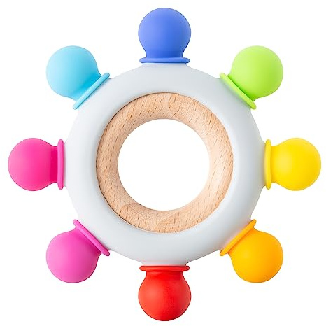 Arudyo Jouets de dentition pour bébé Jouets de dentition en silicone Sans BPA Gouvernail en silicone avec anneau en bois Apaiser les gencives des bébés (8 Directions - Arc-en-ciel)