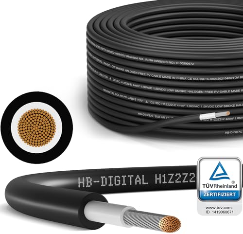 hb-digital 20m Solarkabel 4mm² H1Z2Z2-K TÜV Rheinland geprüft UV-beständig flexibel PV Kabel Reines Kupfer 1500V Verlängerungskabel Photovoltaik für Solarpanel Laderegler schwarz