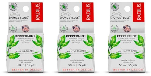 Radius Dental Floss, Sponge Floss, Peppermint, 55 Yards, Vegan & Non-Toxic Oral Care Designed to Help Fight Plaque, Pack of 3