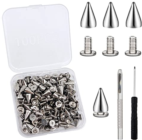 PNOOFR 100 Stück Silber Punk Nieten Rostfrei Ziernieten DIY Nieten zum Schrauben Spikes Spitznieten 1 Stück Locher und 1 Stück Pflaumenschraubendreher für Kleidung Spitz Leder Taschen Lederhandwerk