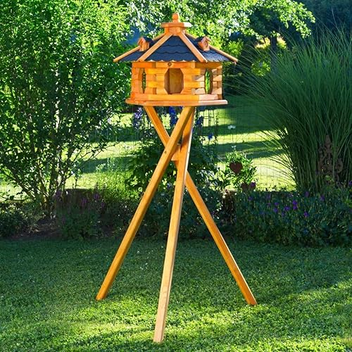 Deko-Shop-Hannusch Vogelhaus wahlweise mit Ständer und Solarbeleuchtung, Verschiedene Größen L - XXL, Futtersilo, wetterfestes Bitumendach (Größe riesig XXL mit Ständer, schwarz)