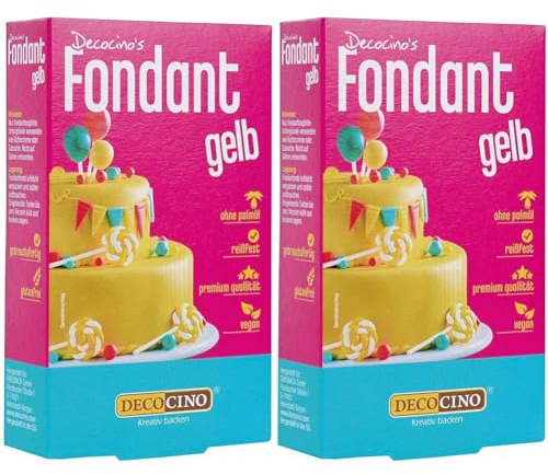 DECOCINO Fondant Gelb – 250 g – ideal zum Verzieren von Kuchen, Torten, Cupcakes – Palmölfrei & vegan (Packung mit 2)