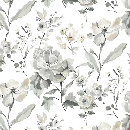 Fiula Papier peint autocollant motif fleurs 41 cm x 3 m gris et blanc imperméable vinyle salon chambre à coucher vintage amovible