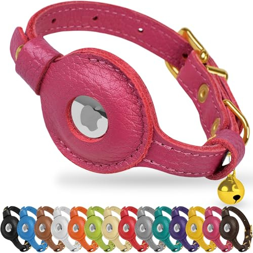 OOPSDOGGY Cat Collar with Bell for AirTag - Non Breakaway Leather Kitten Collar with Apple Air Tag Holder - Lightweight Integrated GPS Pet Collars for Girl Boy Cats, Small Dogs, Puppies (Pink)