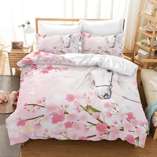 Leleyouzer Set di biancheria da letto per bambini, motivo cavallo con stampa 3D, morbido e confortevole copripiumino in microfibra (M1, 135 x 200 cm)