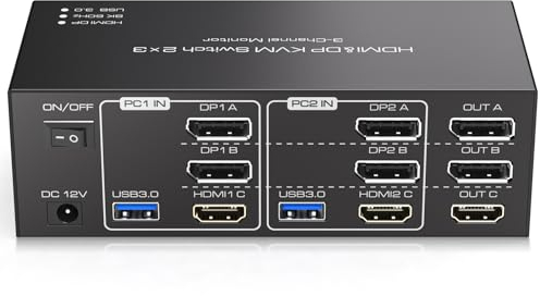 TJCXELE 8K60Hz HDMI+2Displayport KVM Switch 2 PC 3 Monitore USB 3.0 KVM Switches für 2 PC Teilen mehrerer Monitore und 4 USB-Geräte Unterstützt Erweiterten Modus und Kopiermodus mit 12V-Adapter