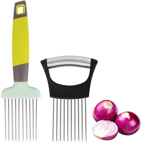 XCRPRT Forchetta per Cipolle, 2Pcs Affetta Cipolle Ago Cipolla Acciaio Affettatrice per Cipolle Coltello Salvadita in Acciaio Inossidabile Affettatrice per Tagliare Carne, Verdura, Frutta, Ecc