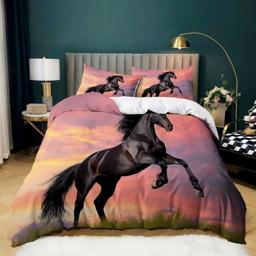 Biancheria da letto 135 × 200 cm Copripiumino, Copripiumini in microfibra spazzolata Animale Cavallo Frisone Copripiumino stampato leggero Rosso Nero Con 2 federe
