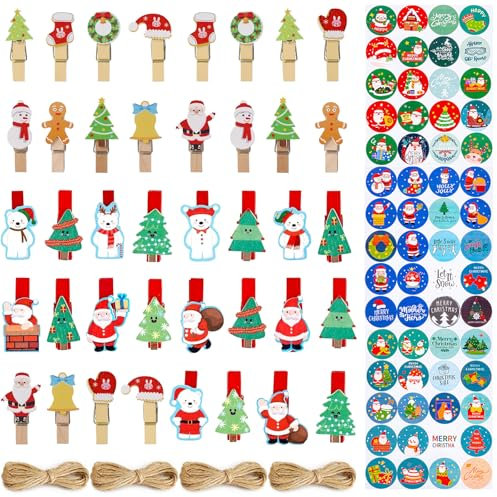 40 mollette natalizie in legno con corda di iuta, mollette decorative per foto, feste, Natale, matrimonio