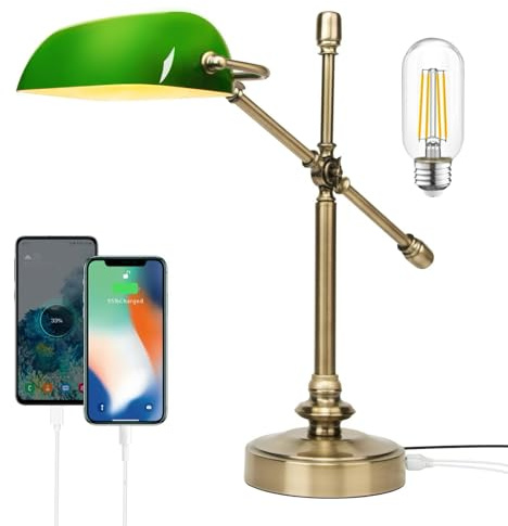 FIRVRE Lampada da banchiere verde, dimmerabile, vintage, LED da scrivania con funzione di ricarica, lampada da tavolo touch, dimmerabile, e27, per studio, casa, ufficio, soggiorno, camera da letto