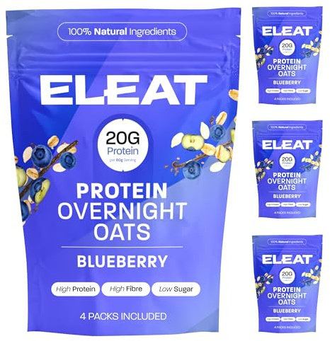 ELEAT | High Protein Overnight Oats | Blueberry & Vanilla | Low Sugar Breakfast | High Fibre Porridge | Gluten Free & Vegan | 4 x 400g