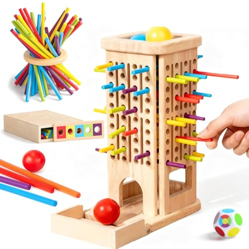 MZJAUVF Jeu Montessori Jeu de Société en Bois avec 40 Bâtonnets Colorés et Dé, Jouets Éducatifs, Jeux de Tour en Bois, Jouets de Motricité Fine et Comptage, Cadeau Fille Garçon 3+Ans Familial Noel