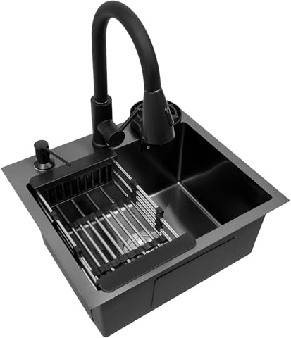 Fregadero de 45 x 40 cm de acero inoxidable, fregadero negro con grifo extraíble y enjuague para tazas, fregadero de cocina multifuncional de 1 seno, fregadero empotrable, incluye diseño de drenaje en