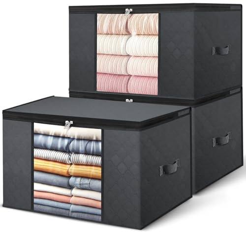 LINVEXA Lot de 3 Sacs de Rangement pour Vêtements 80L, Housses Pliables avec Grande Fenêtre Transparente, Organisateur de Placard et Armoire pour Couettes, Couvertures, Linge de Lit et Vêtements, Gris