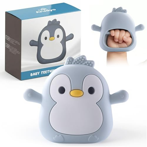 Baby Teething Toys for 3-6 Months Silicone Teething Mittens for Babies Food Grade Silicone Teether (Penguin Baby Blue)