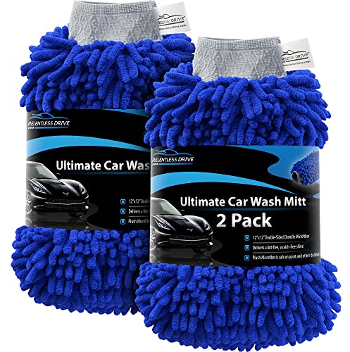 Relentless Drive Ultimate Car Wash Mitt - 2 pack Extra Large Size - Premium Chenille Microfiber Wash Mitt - Wash Glove - Lint Free - Scratch Free