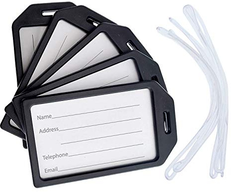 5 Pack - Premium Rigid Airline Luggage Tag Holders with 6 Worm Loops - Heavy Duty Hard Plastic -Suitcase ID Tag Identifiers with Business Card Insert Window by Specialist ID (Black)