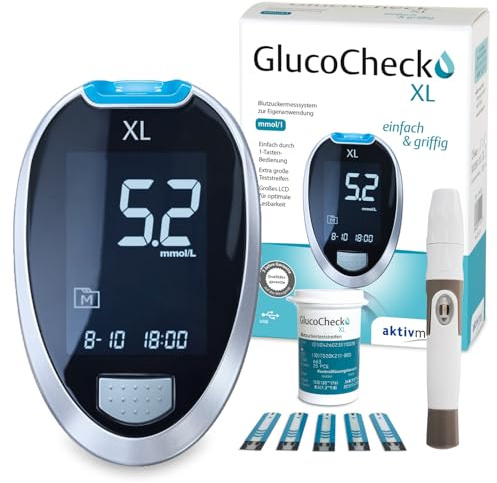 GlucoCheck XL Blutzuckermessgerät (mmol/l) inkl. 10 Teststreifen, 10 Lanzetten, 1 Stechhilfe, 1 Etui, Sparset zur Selbstkontrolle des Blutzuckers bei Diabetes
