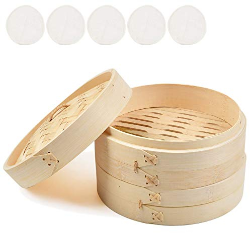 JAOMON Bambusdampfer, 8-teilig, handgemacht, verschiedene Ebenen, orientalischer Stil, für Reis, Gemüse, Fleisch, Fisch, Tücher und Baumwolle, braun, rund, Bambusmaterial, nur handwäsche