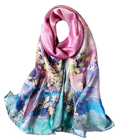 ANDANTINO 100% Mulberry Silk Long Scarf for Women Large Shawls for Headscarf and Neck- Oblong Hair Wraps with Gift Packed (Pink&Yellow Blossoms)