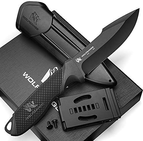 ODENWOLF W2 Outdoor Messer feststehende Klinge - Inkl. Scheide - Ideales Jagdmesser aus einem Stück D2 Stahl gefertigt - Premium Survival Messer - Perfektes Bushcraft Messer Outdoor (Schwarz)
