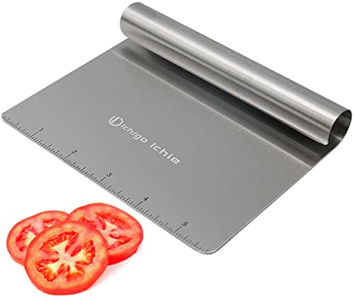 Recogedor de Verduras de Acero Inoxidable con Regla Incorporada, Recogedora de Alimentos, Rasqueta Cortadora, Espátula para Masa - Plateado