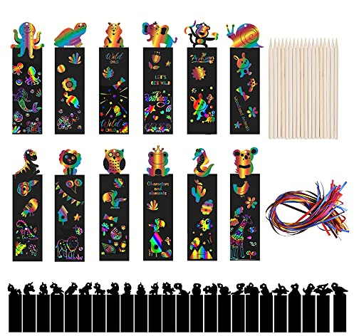 JaneYi Lesezeichen: 36 Kratzbilder mit Holzstiften und Bändern - Personalisiert für Kindergeburtstag von Jungen und Mädchen