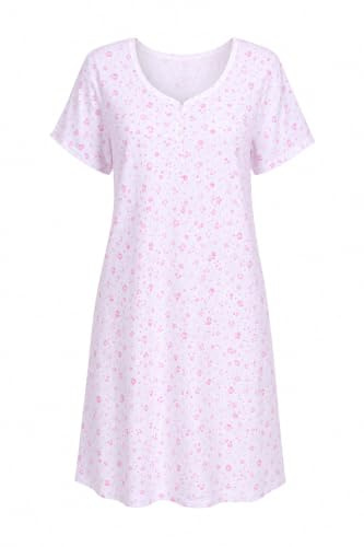 i-Smalls Women's 100% Cotton Floral Nightdress Short Sleeve Nightie Button Front Sleep Dress Pink Blue