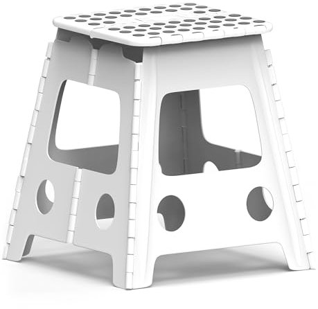 ZENO Step Stool 16 Inch | Folding Stool | Heavy Duty Foldable Stools for Adults & Kids | Folding Stools for Kitchen, Bathroom, Bedroom | Lightweight & Easy To Carry | Holds 150KG | White