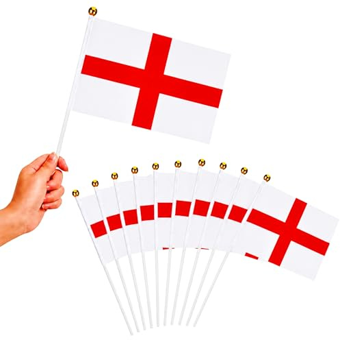 10Pcs England Hand Waving Flags 15 x 21cm with 30cm Pole for FIFA 2026 World Cup – Double Sided St George Cross Hand Flags for Football Matches, Pub Decorations and Street Celebrations