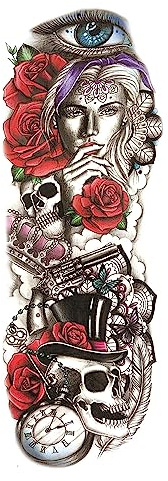 Yesallwas Full Arm Flower Skull Temporary Sleeve Tattoos For Women and Men, 2 sheets Full Arm Large Rose Skull Floral Fake Tattoo Sleeve for Arm Shoulder leg Sexy Body Art Tattoos