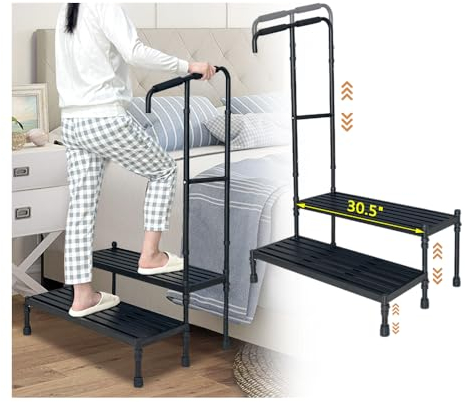NEAUDE Bed Step Stool with Handle, Medical Bedside Stairs for High Beds Adults, Stepping Stool with Assist Rail Adjustable, Wide Platform Step for Elderly Seniors Handicap Mobility Two Step Stool