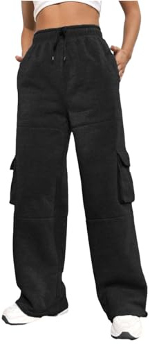 Nuofengkudu Chaud Fourré Pantalon Large Jogging Femme Cordon Taille Elastique Cargo Poches Molletonné Hiver Ample Survetement Pantalons de Sport Detente Sweatpants Sportswear Noir 2XL