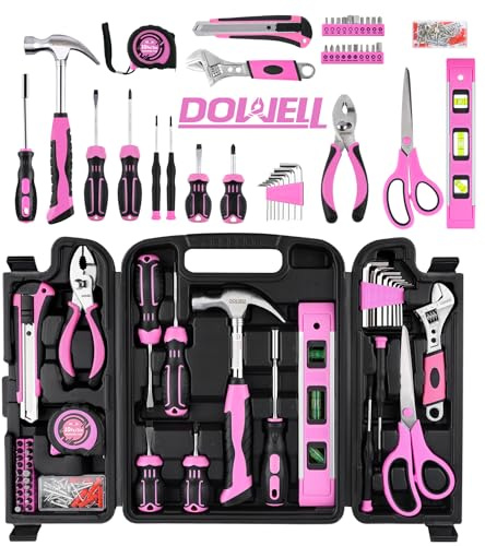 DOWELL Kit di attrezzi per la riparazione della casa, 123 pezzi, rosa, per donne e ragazze, kit di attrezzi tutto in uno con manici ergonomici, cassetta degli attrezzi resistente, impugnature