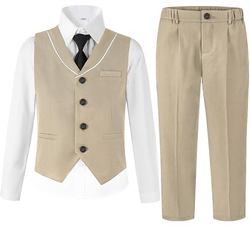 LOLANTA Costume 4 Pièces pour Garçon avec Gilet et Pantalon, Tenue de Cérémonie Mariage, Baptême & Anniversaire pour Enfant, Ensemble Habit Habillé (5-6 Ans, Kaki, Taille Étiquette 120)