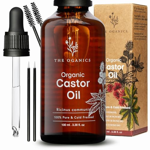 THE OGANICS® Organic Castor Oil 100ml - Natural, 100% Pure, & Cold Pressed - for Eyelashes, Eyebrows, Beard & Nails - Vegan & Hexane Free - Castor Oil + Glass Bottle + Pump + Pipette + Mascara Kit