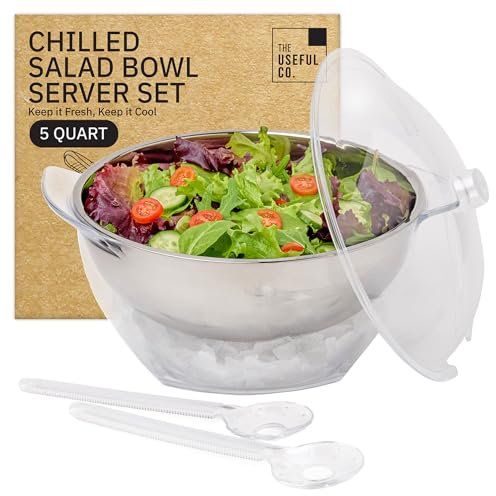 Useful Co. 5QT Salad Bowl Set on Ice - Large Salad Bowl with Lid & 2 Servers - Chilled Tray for Cold Food, Party Buffet - Serving Bowl with Ice Tray Base for Gatherings