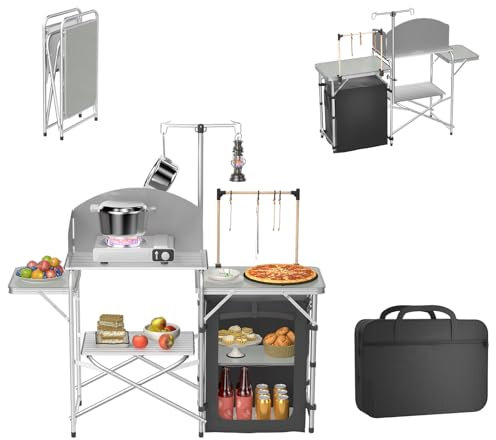 UISEBRT Camping Küchentisch klappbar mit Campingschrank, Windschutz und MDF-Arbeitsplatte, Faltbare Outdoor Küche mit Lampenhalter, Tragetasche, ideal für Camping, Grillen, Picknick und Reisen