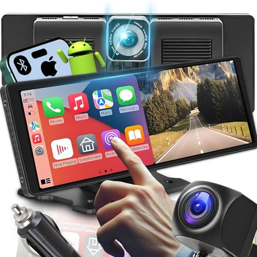 Retoo Wireless Carplay Android Auto Display IPS 10,3 Zoll Touchscreen mit SD 64GB-Karte Gratis für Alle KFZ, Dashcam Bluetooth, FM-Transmitter, AUX, Plug&Play, Sprachassistent hohe Auflösung 1600x600