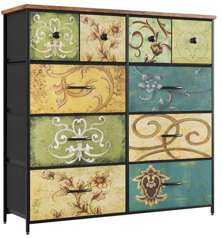 Nicehill Chest of Drawers with 10 Drawers, Dressers & Chests of Drawers Kids Dresser for Bedroom, Kids Room, Closet, Clothes, Fabric Dresser with Storage Drawers(Retro Prints)