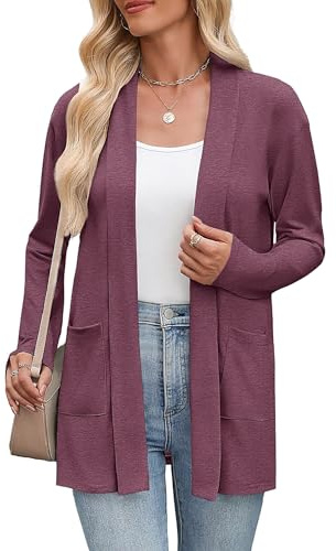 ZEAGOO cardigan dam lång lätt jacka tunn stickad kofta långärmad jackor höst eleganta toppar fram öppen jackor med fickor casual enfärgade toppar S–XXL, Mörkröd, L