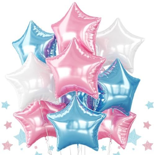 Pink Blue White Star Foil Balloons, 10PCS Foil Stars Shape Balloons, 18 Inch Metallic Light Pink Blue Stars Balloon Helium for Girls Boys Birthday, Gender Reveal, Baby Shower Party Decoration